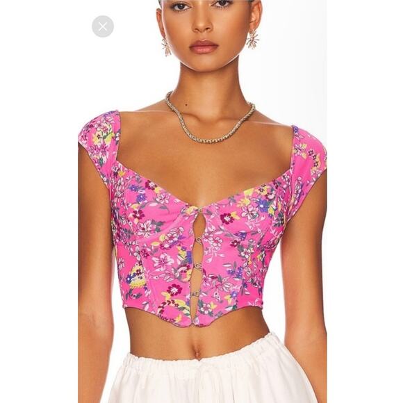 NWOT AFRM Myla Floral Corset Cropped Cap Sleeve Blouse Sz Large - Picture 1 of 14